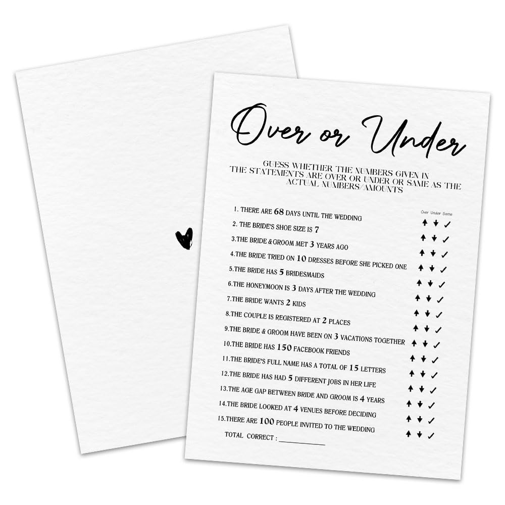 30 Minimalism Game Cards - Over or Under - Bridal Shower, Engagement, Mr & Mrs, Newlyweds, Wedding Games, Party Activities & Supplies - B07 White