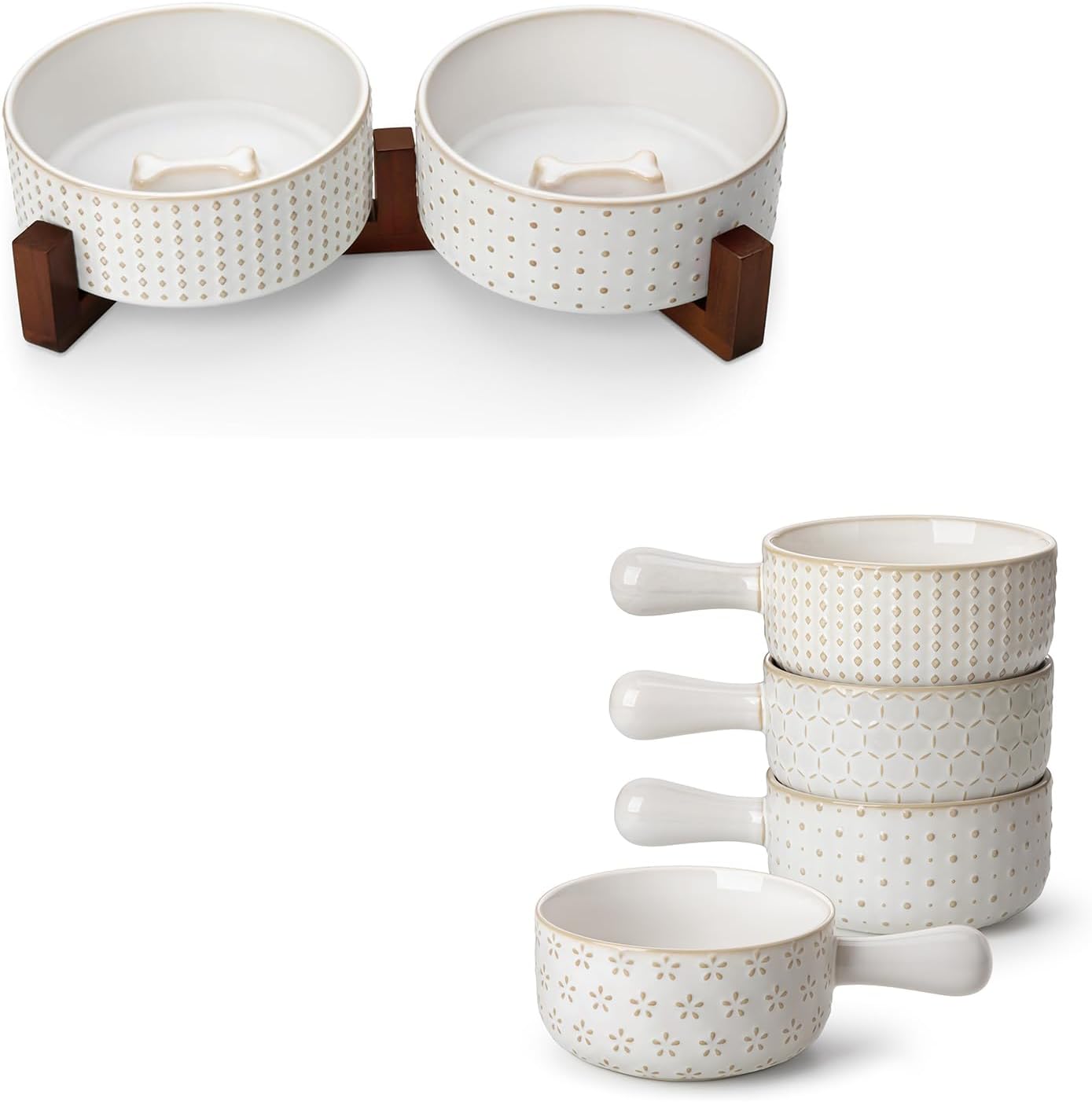 MALACASA Dog Bowl Set with Walnut Wood Stand, French Onion Soup Bowls with Handles Set