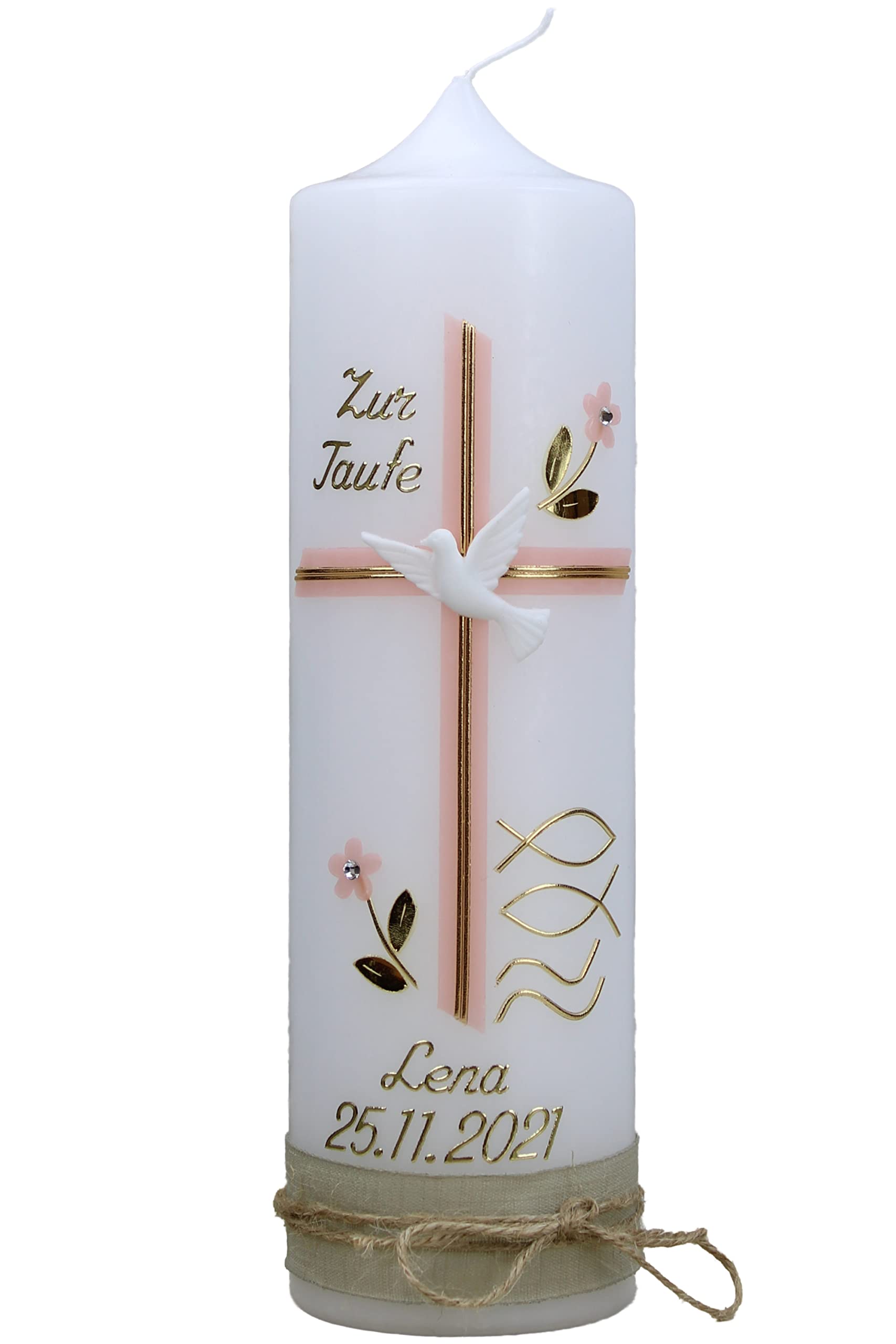 Cerziies® Taufkerze LENA Junge oder Mädchen mit Name und Datum, individuell und handverziert 1285