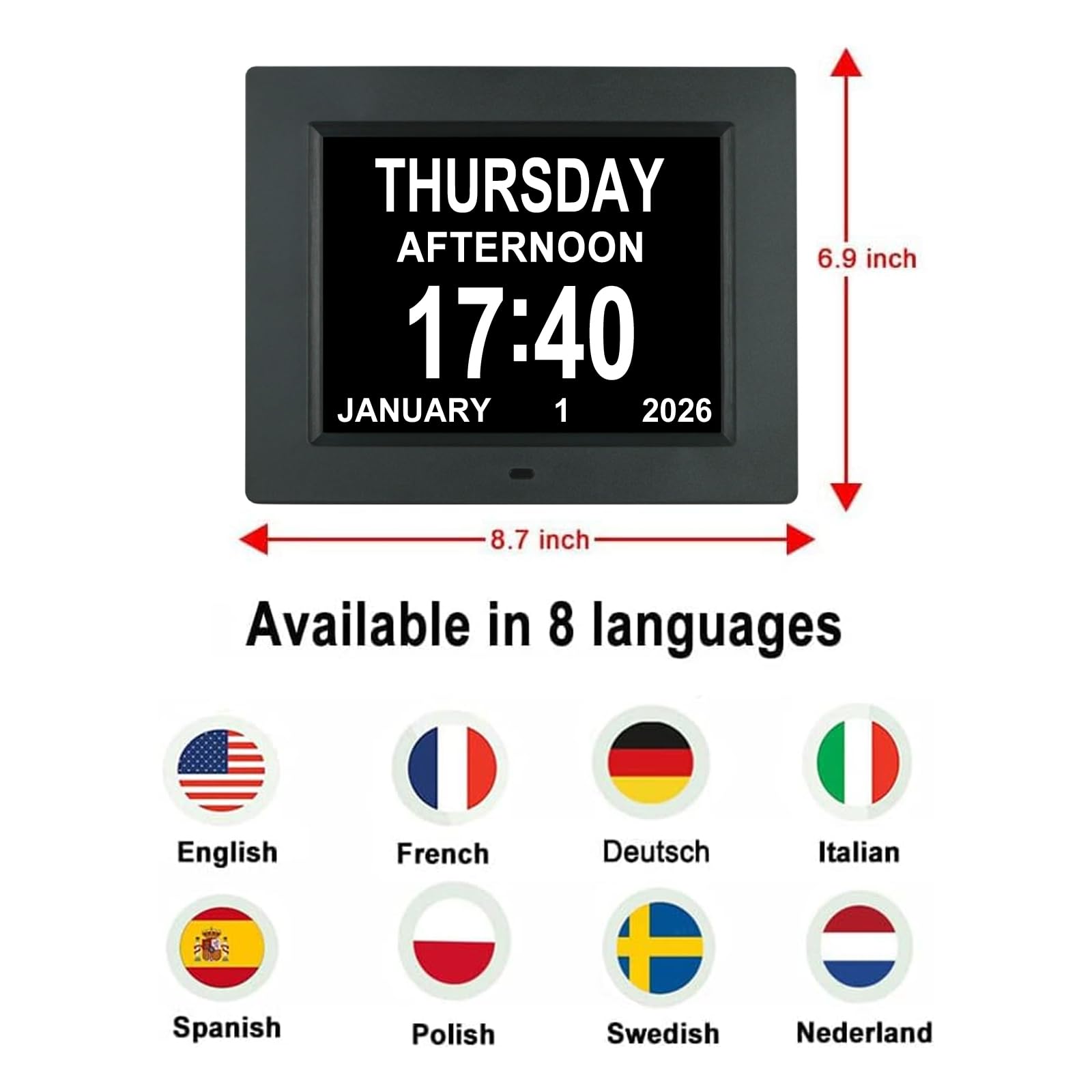 Orologio Digitale Aowasi Con 8 Allarmi | Display Extra Large 20 Cm, Giorno E Mese Per Esteso, Per Anziani, Demenza, Ipovedenti