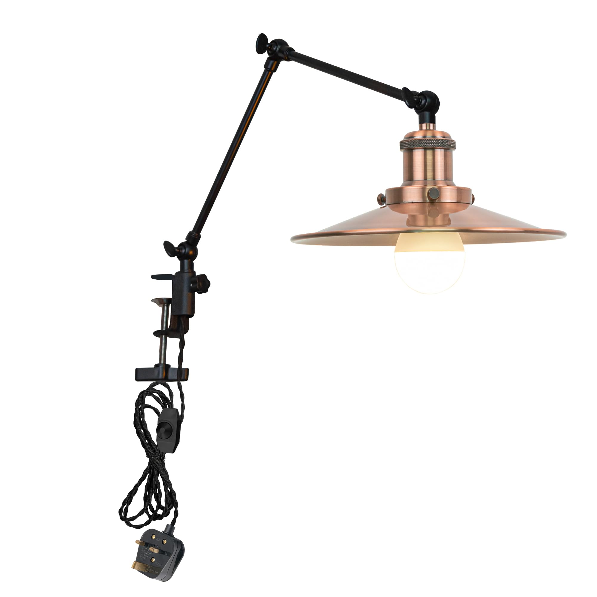 FSLiving Dimmable Desk Lamp Clamp, Desk Lamp Clip Light with Flexible Swing Arm and 2.5 m Cable,Decorative Iron Clamp Lamp Adjustable for Office Study Reading with Copper Red Lampshade