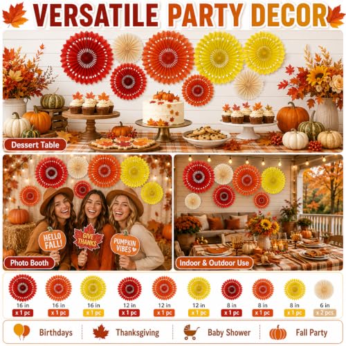 Image of Fall Hanging Honeycomb Round Paper Fans Decoration Autumn Pumpkin Theme Tissue Paper Fan Garland for Shower Birthday Graduation Wedding Party Supplies 11 Count