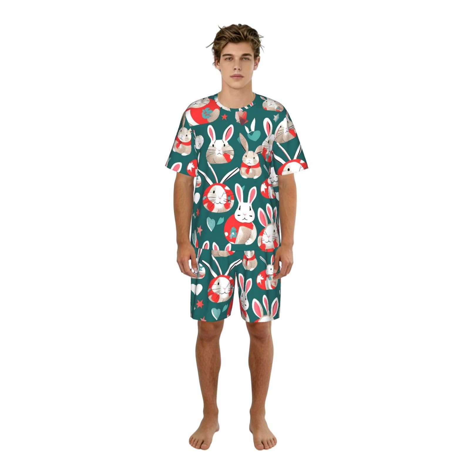 Conjunto de pijama clásico para hombre, con estampado de conejos, pantalones cortos de pijama suaves para hombre, perfecto para las noches de verano