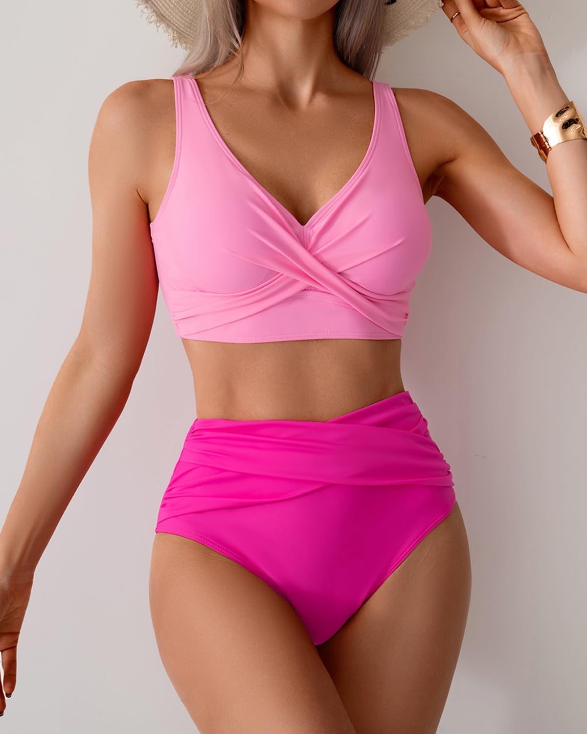 Fanuerg Women High Waisted Bikini Sets V Neck Cross Twist Front Two Piece Swimsuit Tummy Control Bathing Suit Rose Hot Pink XL - Image 2