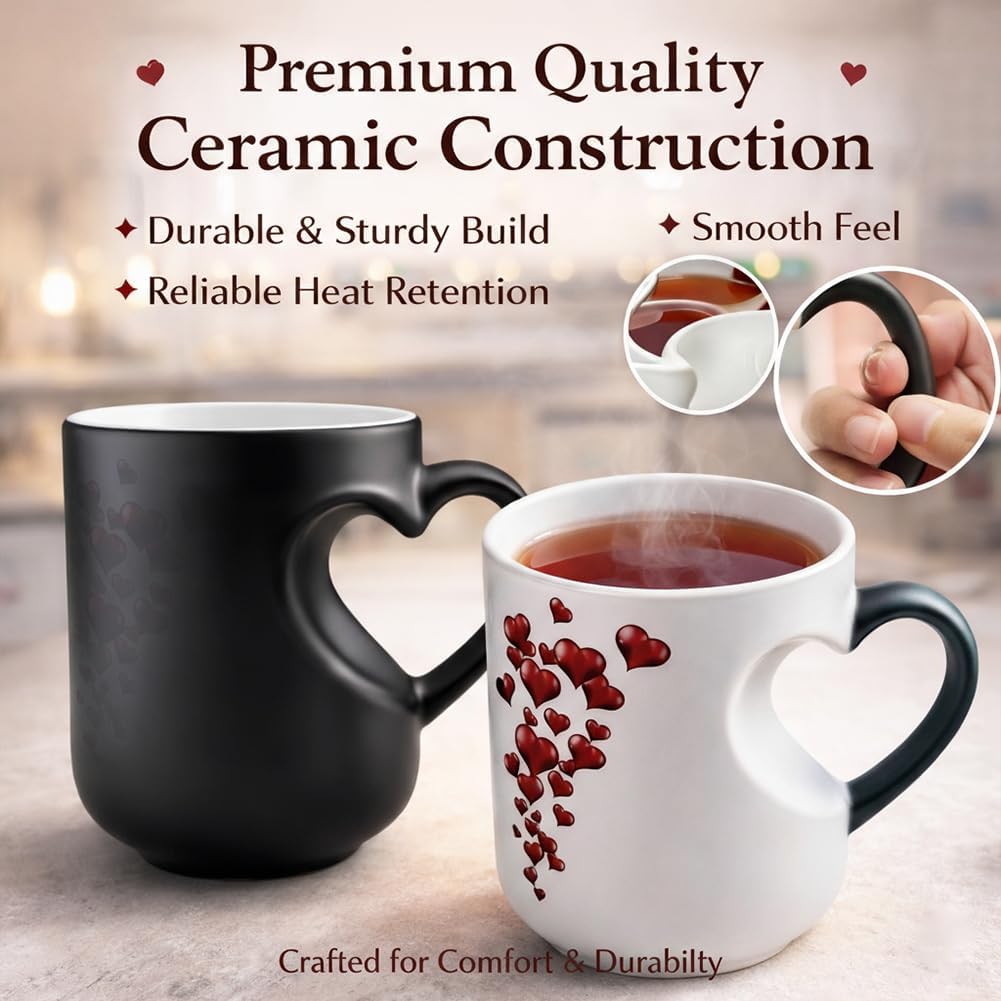 Heart Mug, Heart-Shaped Color Changing Magic Ceramic Mug Funny Color Changing Coffee Cup With Handle That Reveals Surprise Design When Filled With Hot Beverage Romantic Gift For Couples (Black) - Image 4