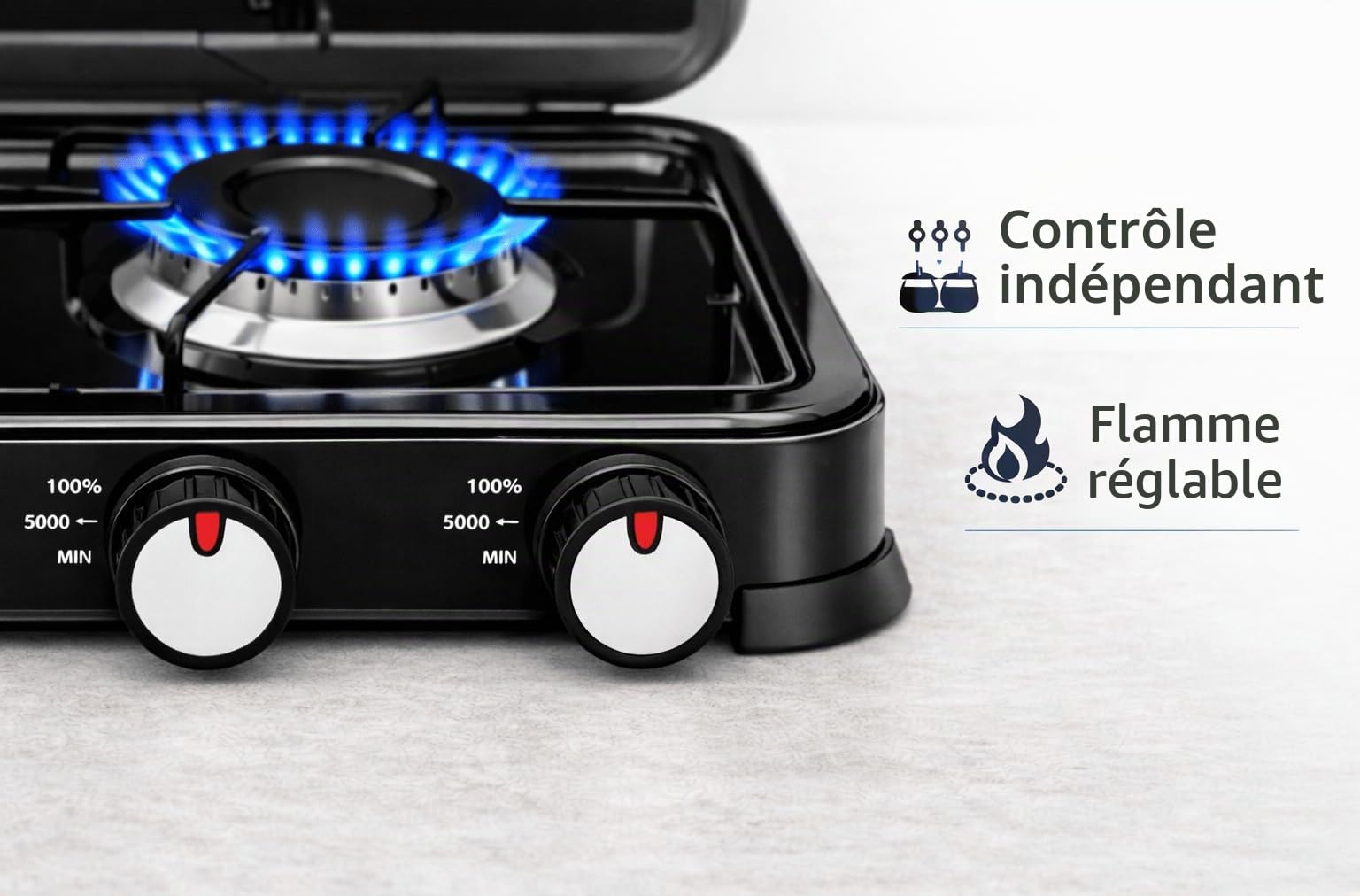 Réchaud à gaz portable à 3 feux pour extérieur, réchaud à gaz butane et propane avec couvercle amovible, flamme réglable, 5,4 kW, cuisinière d'appoint compacte (3 feux)
