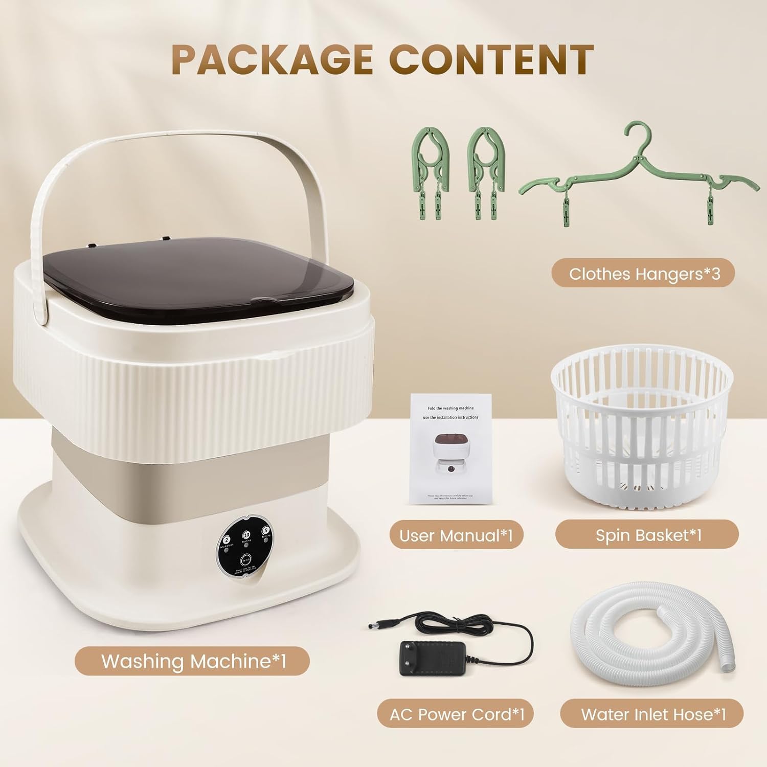 Mini Waschmaschine, 11L Faltbar Waschmaschine mit Schleuderfunktion, Tragbare Reisewaschmaschine, Camping Mobile Waschmaschine für Reisen, Wohnmobil, Studenten (Khaki)
