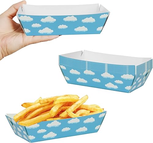 50 paquetes de bandejas de papel para comida con cielo azul y nubes blancas, suministros de fiesta de cumpleaños con cielo azul y nubes blancas,