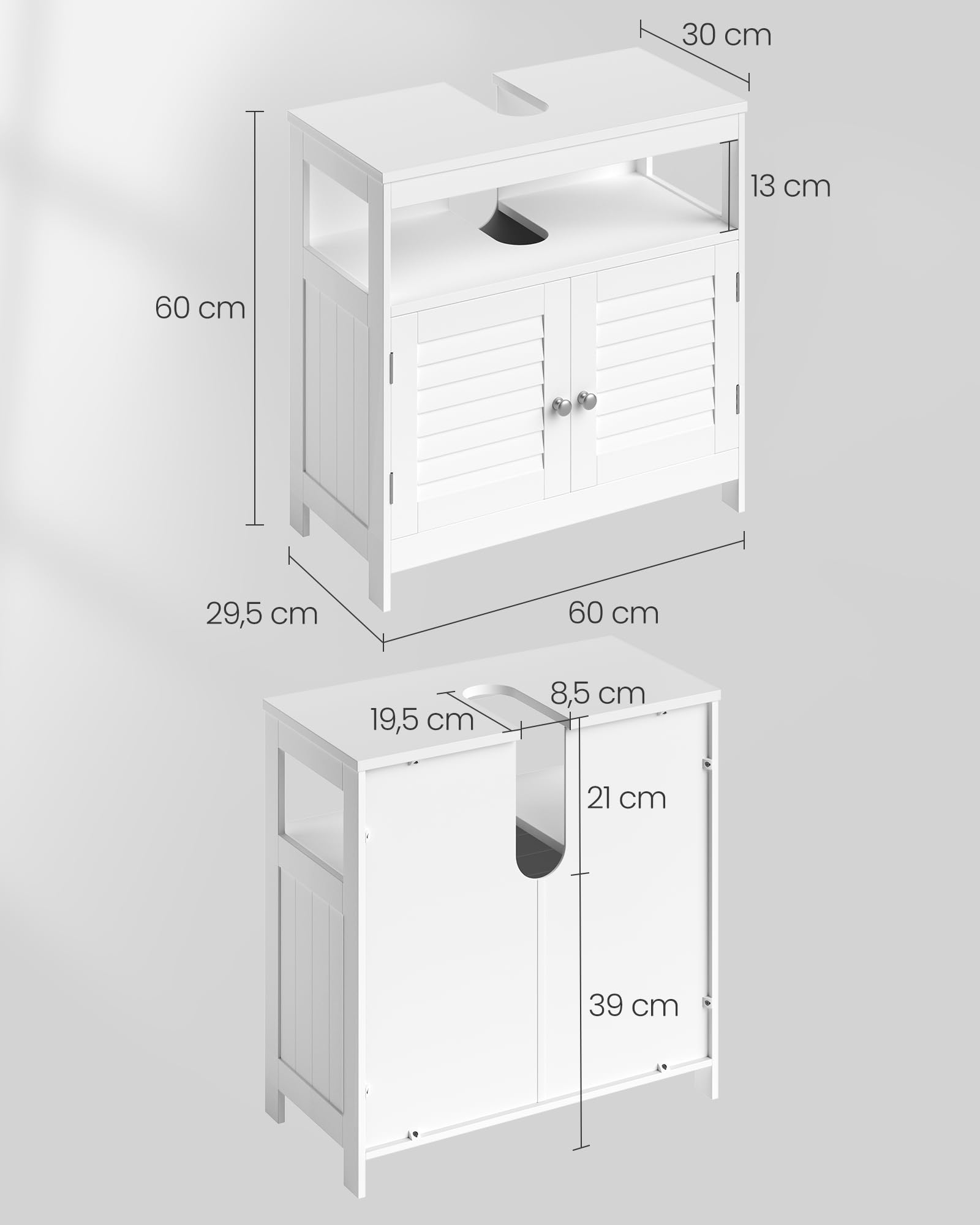 VASAGLE Waschbeckenunterschrank, Badezimmerschrank, Aufbewahrungsschrank, 30 x 60 x 60 cm, mit 2 Lamellentüren, offenes Fach, verstellbare Regalebene, mit Griffen, wolkenweiß BBC02WT