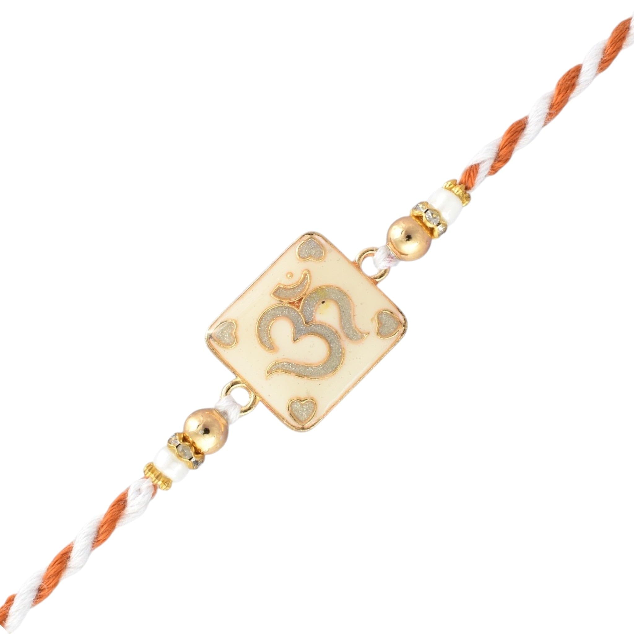 Stylish OM Enamel Charm Rakhi|Handmade Braided Thread with Crystal and White Pearl Beaded Bracelet Rakhi for Rakshabandhan Brother Bhai Bhaiya with Roli, Chawal and card-03-image-17