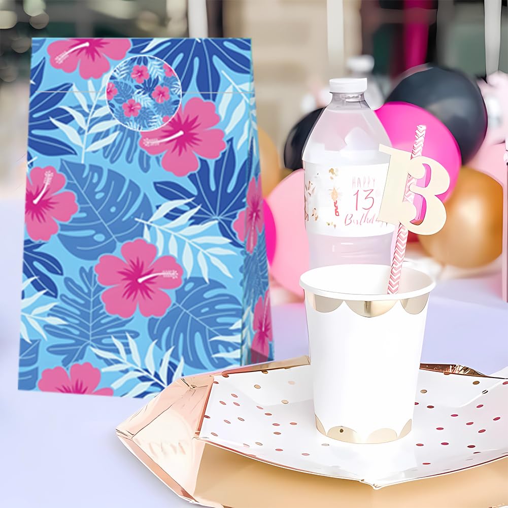 24 Pcs Cute Cartoon Pink Blue Hibiscus Party Gift Bags with Stickers Hawaiian Party Favors Paper Goodie Bags for Hawaiian Tropical Birthday Supplies(24Pcs-bags)