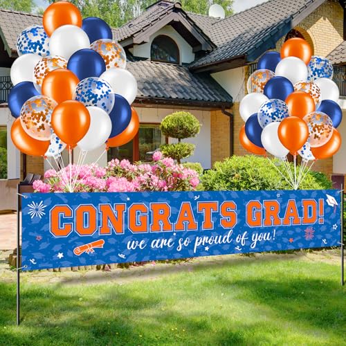 Image of 37Pcs Graduation Banner Balloon Decorations Class of 2026, Congrats Grad Banner Yard Outdoor Decorations, Graduation Balloons Banner Set for High School College Graduation Party Supplies, Blue Orange