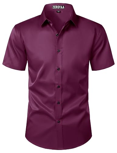 ZEROYAA Men's Short Sleeve Dress Shirt Casual Wrinkle Free Stretch Modern Slim Fit Button Down Shirts - Maroon - Medium