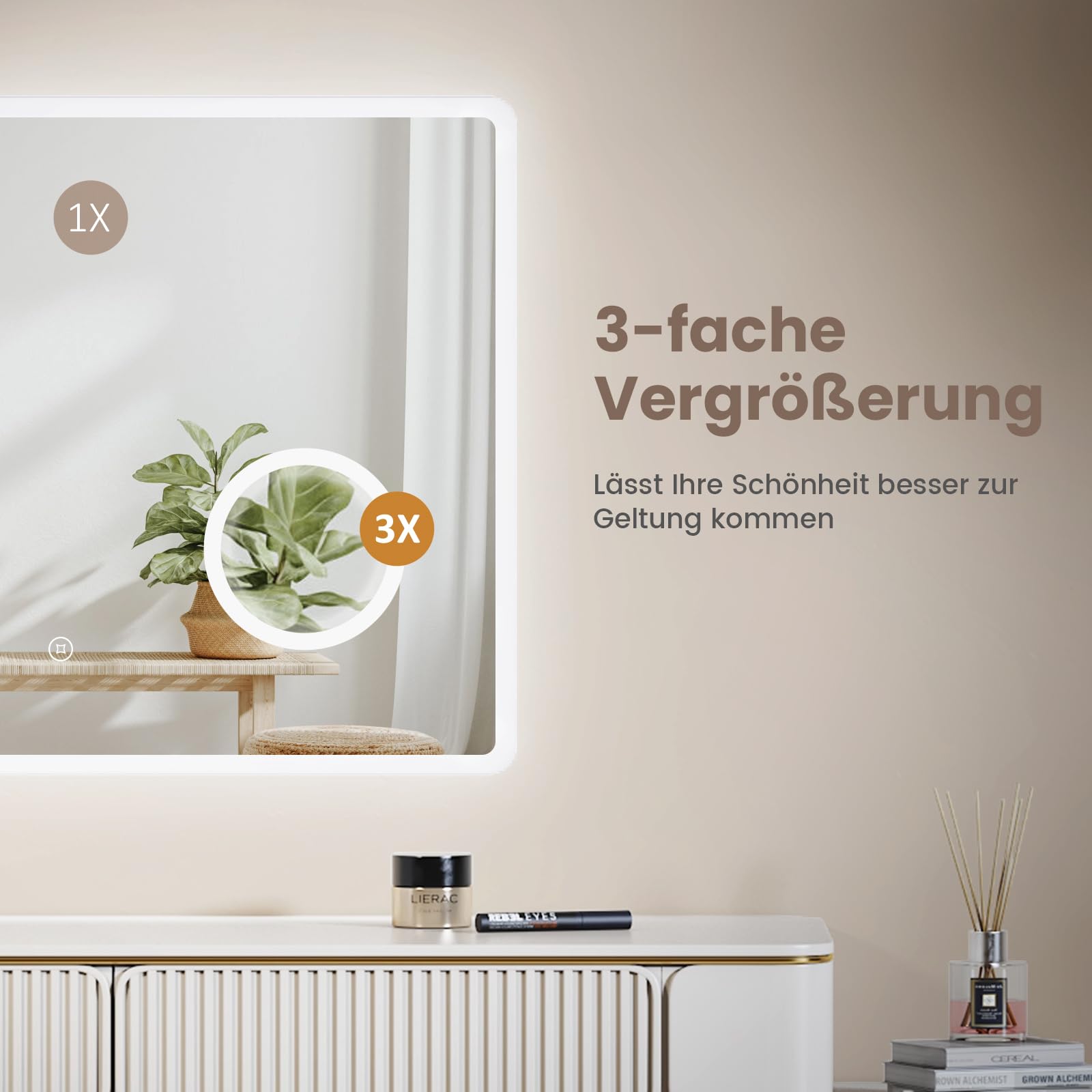 EMKE Badspiegel mit Beleuchtung 80x60cm, Beschlagfrei | Badezimmerspiegel mit Touchschalter, 3 dimmbare Lichtfarben, 3-Fach Kosmetikspiegel, IP44, einfache Wandmontage