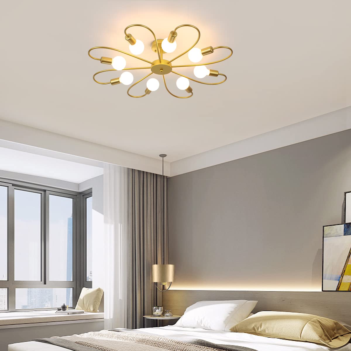 Qcyuui moderna lampada da soffitto a 8 luci lampada da soffitto industriale Sputnik, lampadari dorati a montaggio semi-incasso E27 illuminazione per soggiorno in fattoria(lampadina non inclusa)