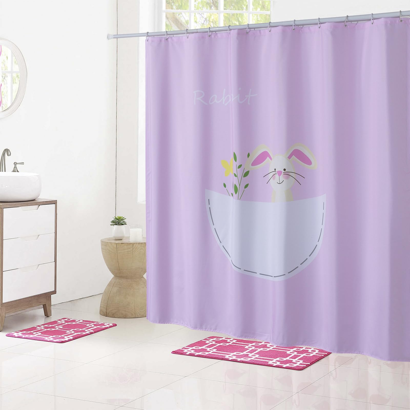 Rideau douche 180x220 lapin rose en tissu polyester lavable