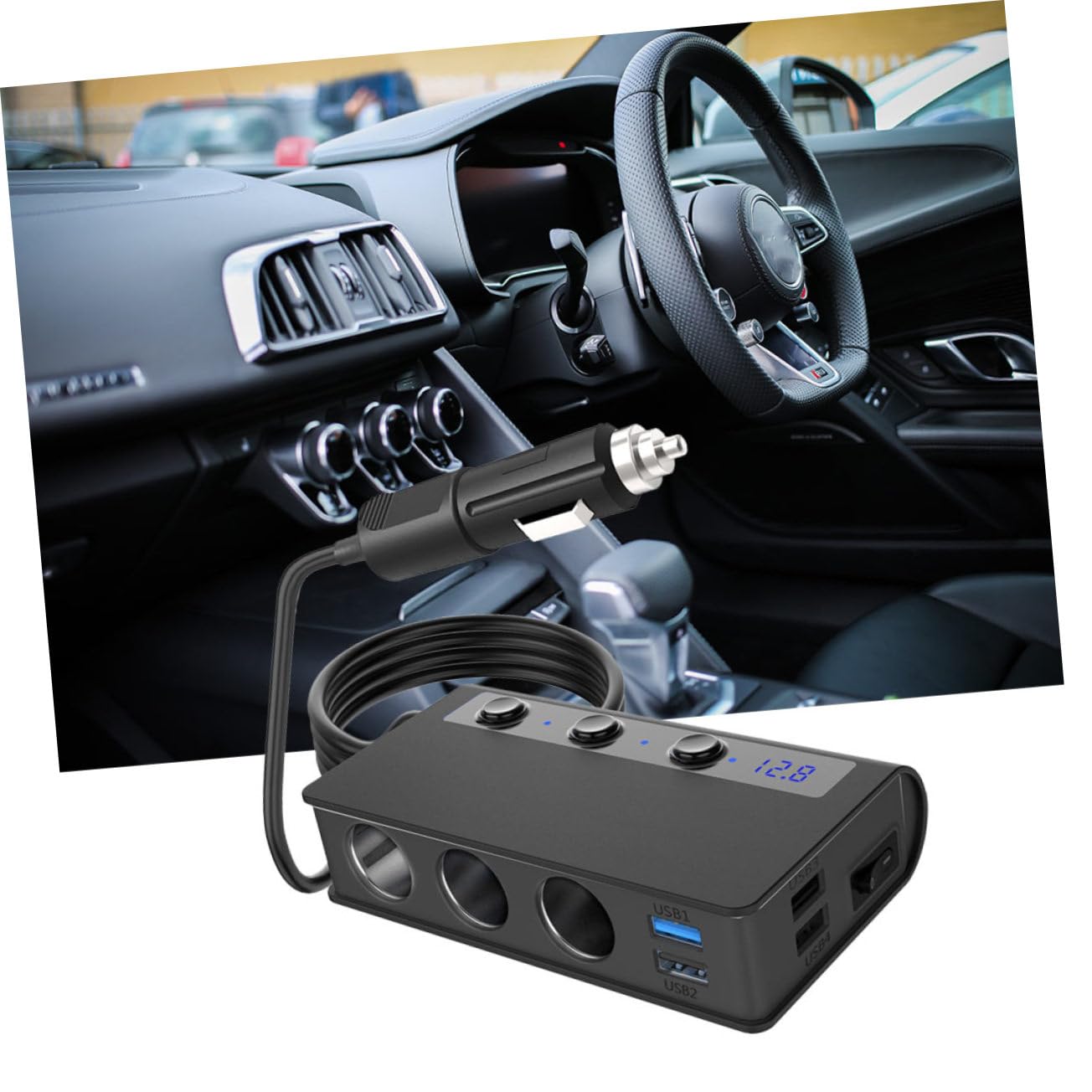 Mikinona Cargador de Mechero para Coche 180w, 4 Puertos USB, Adaptador Divisor Interruptor Independiente, Indicador Led, para Coche
