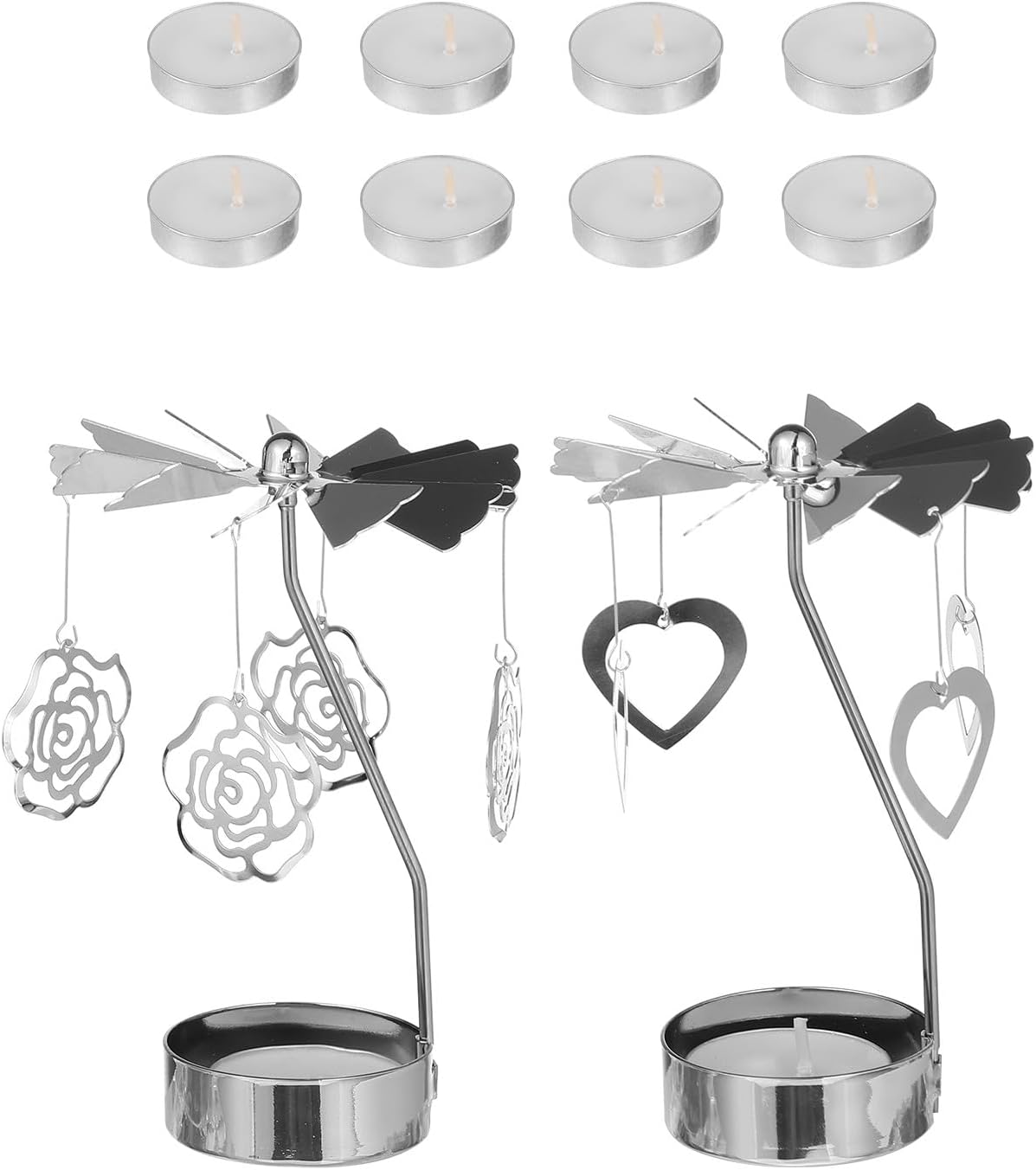 SECFOU Metal Rotating Candlestick Set Heart Pendant and Rose Decoration, Metal Tealight Candle Holders for Dining Table Centerpiece, 10pcs Carousel Candleholder Set for Romantic Home
