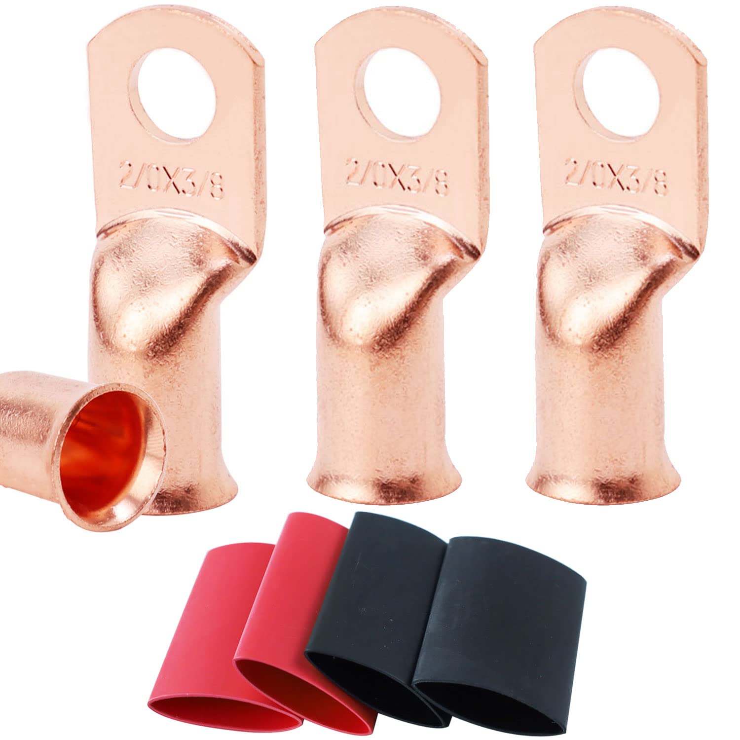 TKDMR 4pcs 2/0 AWG-3/8" Battery Lugs,Copper Wire Lugs,UL Listed Heavy Duty Battery Cable Ends,Tubular Ring Terminals,AWG Crimp Wire Ring Lugs,Battery Terminal Connectors with 3:1 Heat Shrink Tubing