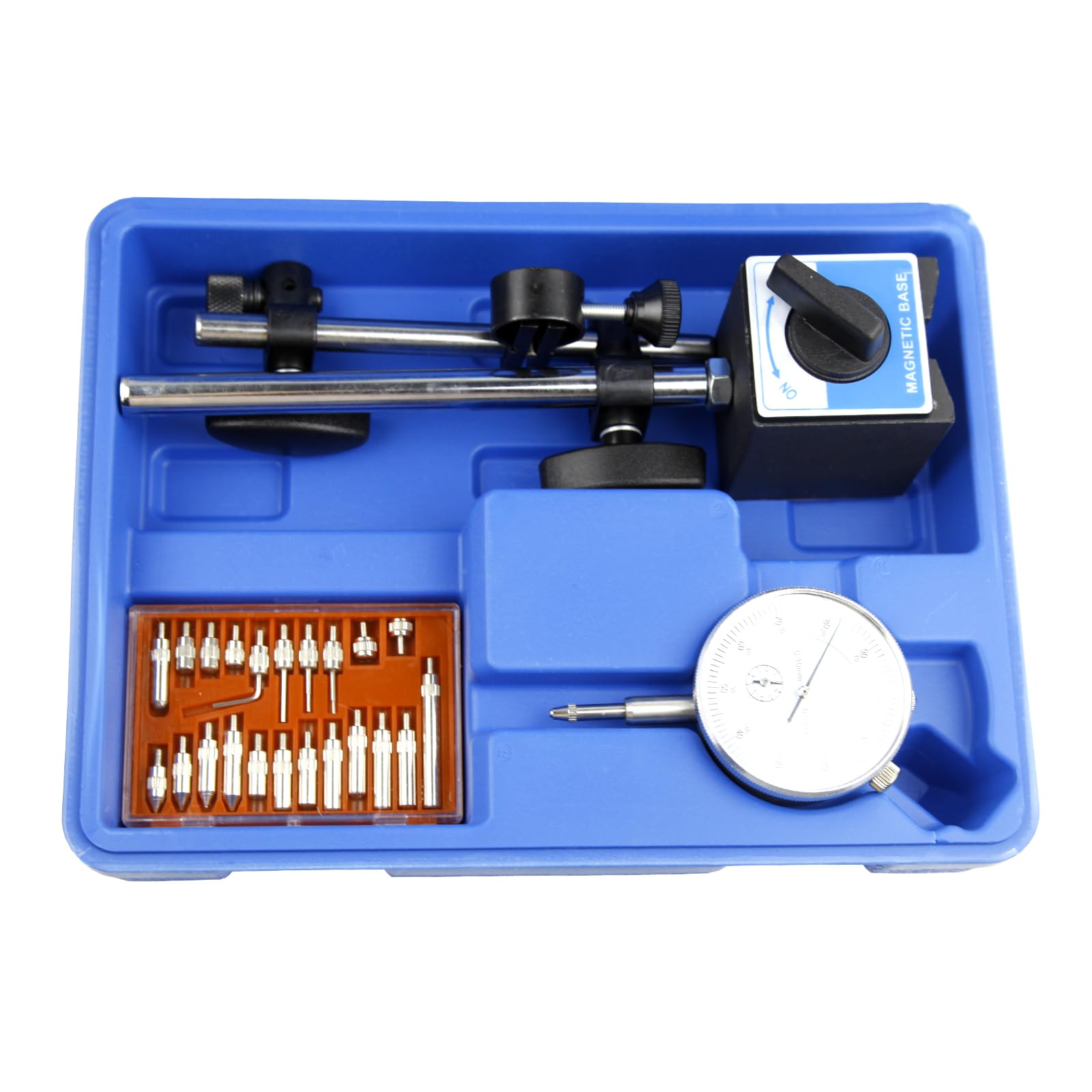 Messuhr mit Magnetfuß, verstellbarer langer Arm, 0-10 mm, Messgerät 0,01 mm, mit Aufbewahrungskoffer, 22-teilig