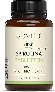 sovita BIO Spirulina Tabletten 500 mg | 100 % reines Spirulina platensis Pulver | Vegan & ohne Zusatzstoffe | Hoher Proteingehalt | Bio-zertifiziert DE-ÖKO-003 | 360 Tabletten