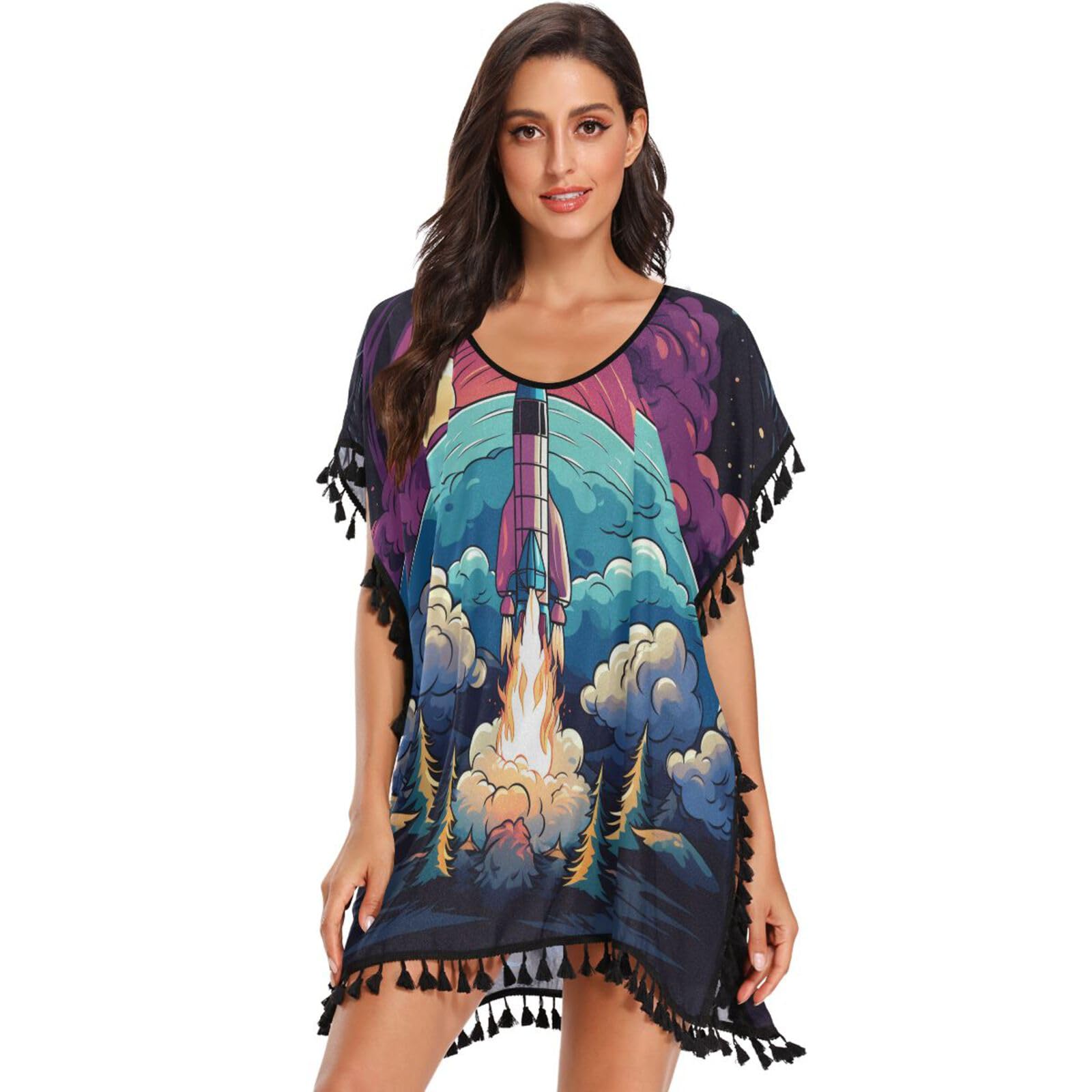 Space Moon Art Rocket Women's Beach Cover Up Chiffon Tassel Swimwear Swimsuit Coverups for Girl