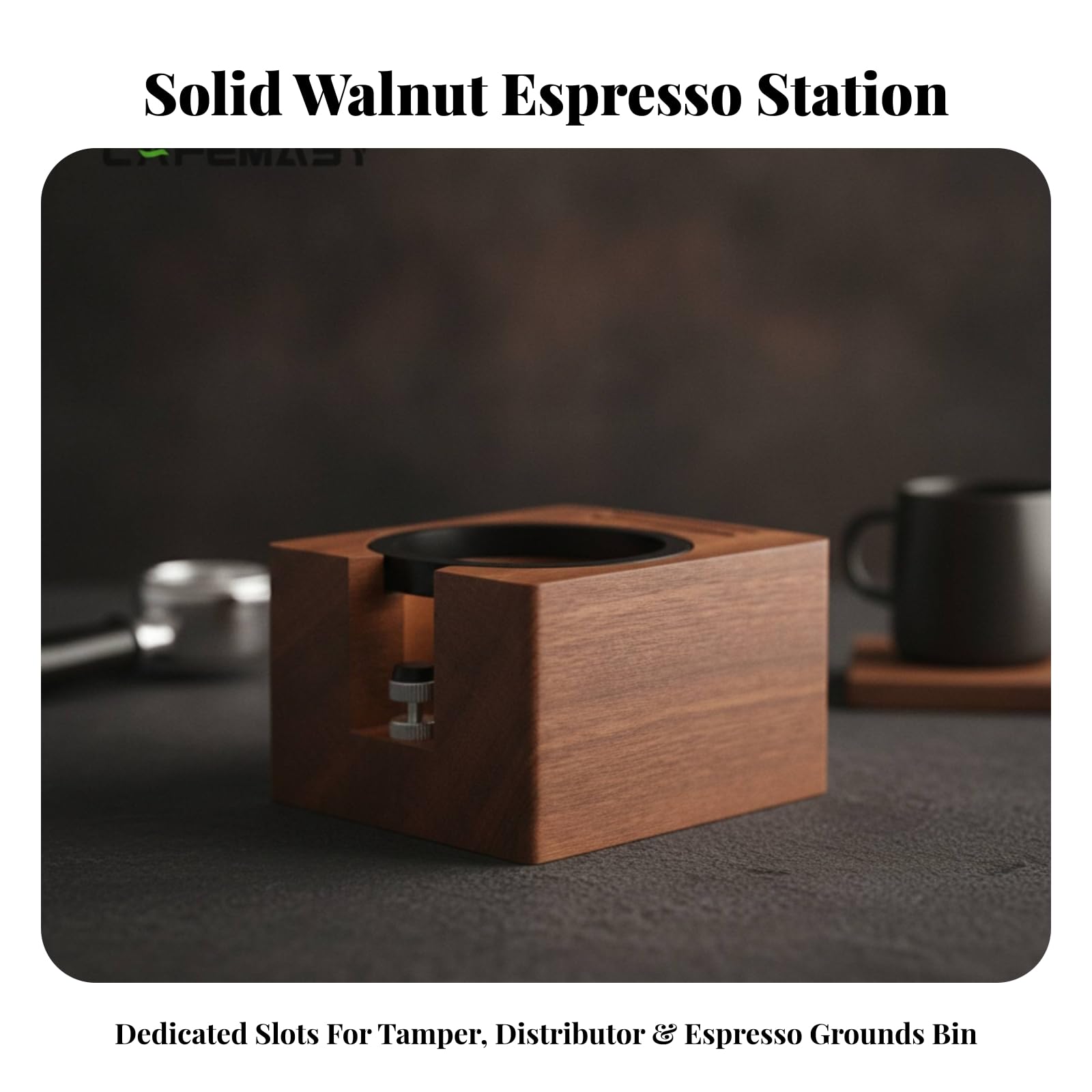 Base Tamper in Legno Regolabile Stazione di Pressatura Caffè Funzionale Organizer da Banco per Caffè Professionisti, Da 51 A 58mm, Con Secchiello Interno