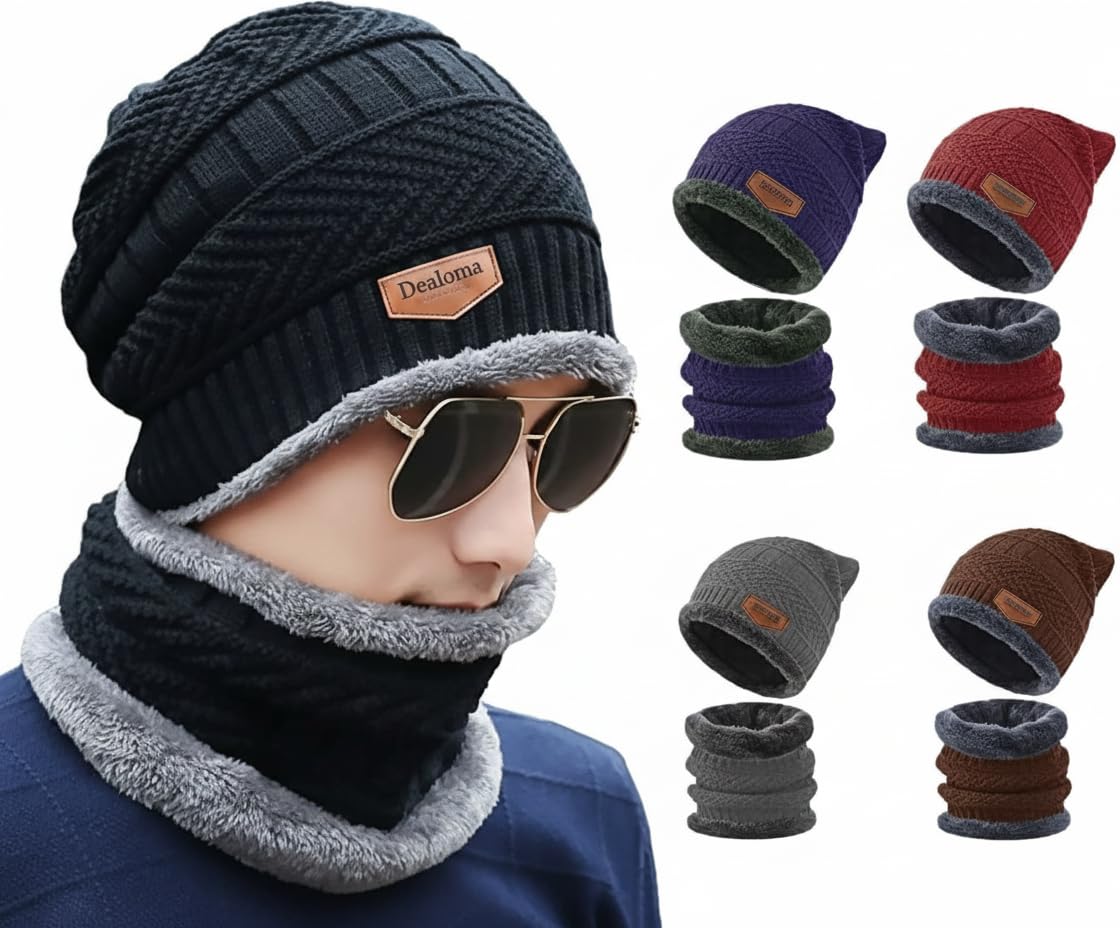Unisex Winter Cap & Neck Scarf Set | Fleece Lined Beanie Hat & Warm Neck Warmer | Stretch, Soft Woolen Knit for Men & Women | Free Size