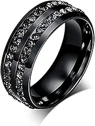 LEEYA NL10 Aliança de noivado unissex de 8 mm de aço inoxidável, banhada a ouro 18 quilates, de aço inoxidável, de zircônia cúbica, CZ, anel de noivado unissex, dourado, anel de casamento, ajuste confortável, tamanho 6 – 13, Preto, 11, 1