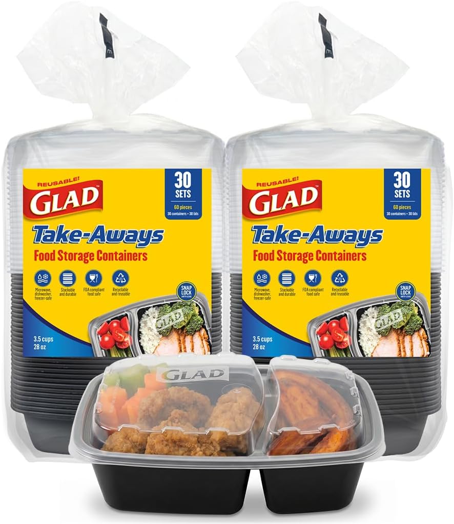 Glad Take-Aways 30-Pack Snap-Seal, 2-Compartment, Dishwasher and Freezer Safe, Reusable Food Storage, Meal Prep Containers, Made in North America (28 oz, BPA Free)