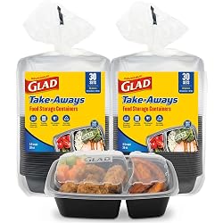 Glad Take-Aways 60-Pack Snap-Seal, 2-Compartment, Dishwasher and Freezer Safe, Reusable Food Storage, Meal Prep Containers, Made in North America (28 oz, BPA Free)