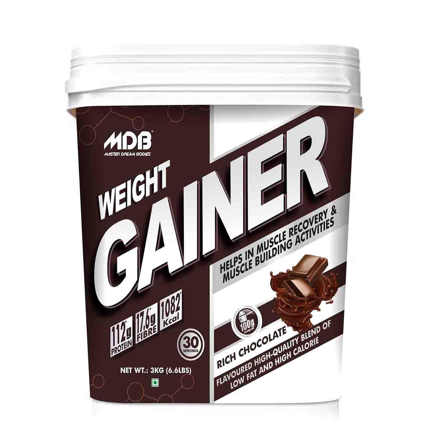 MasterDreamBodies® MDB Weight Gainer Powder | 3kg, Rich Chocolate | 112*g Protein with 1082*Kcal | High Protein Gainer | Blend of Low Fat and High Calorie | Advanced Formulation