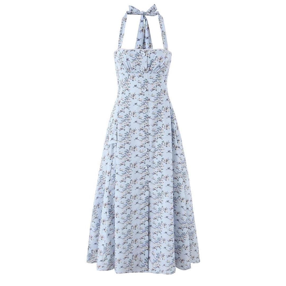 Vestido largo midi de algodón con estampado floral sin espalda para mujer