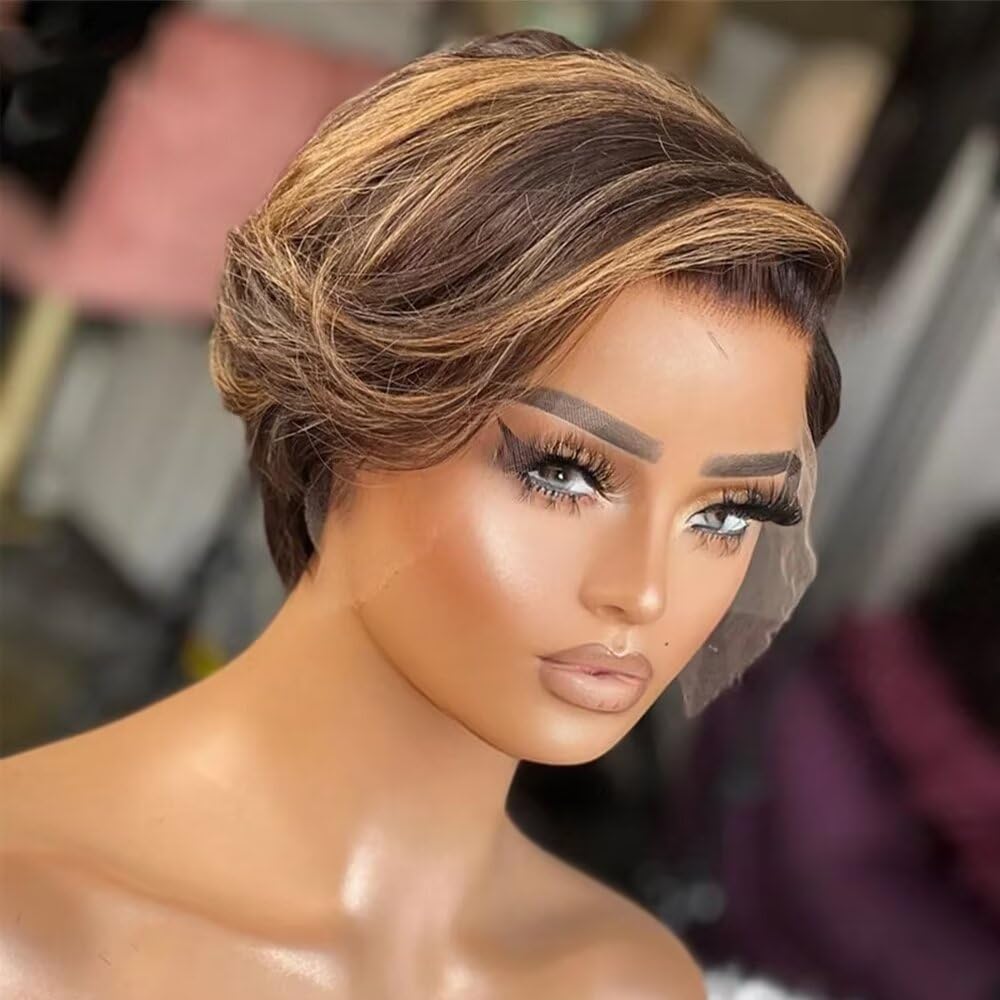 Highlight Pixie Cut Wig Short Bob Wig #4/27 Color Straight Human Hair Wigs 13x6 HD Transparent Lace Front Wig Side Part Invisible Lace Glueless Wigs 150% Density Brazilian Virgin Hair 6inch