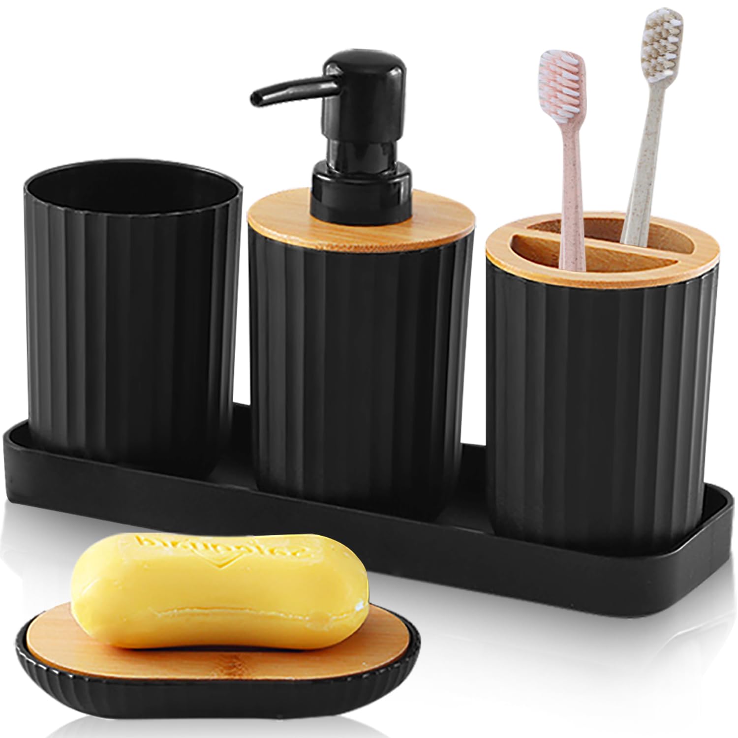 Set of 5 black plastic bathroom accessories, bathroom accessories including bathroom soap dispenser, toothbrush holders, bath cup, soap dish and tray