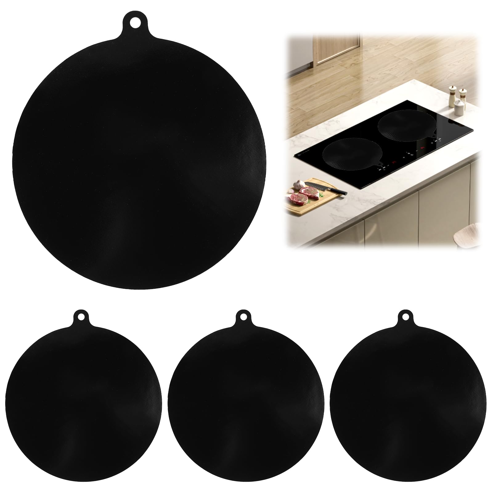 4 Piezas Protector Placa Induccion, Ø 22 cm Protector Induccion de Silicona con Orificios para Colgar, Resistentes al Calor, Negro Antirayaduras Alfombrilla Protectora Placa Induccions