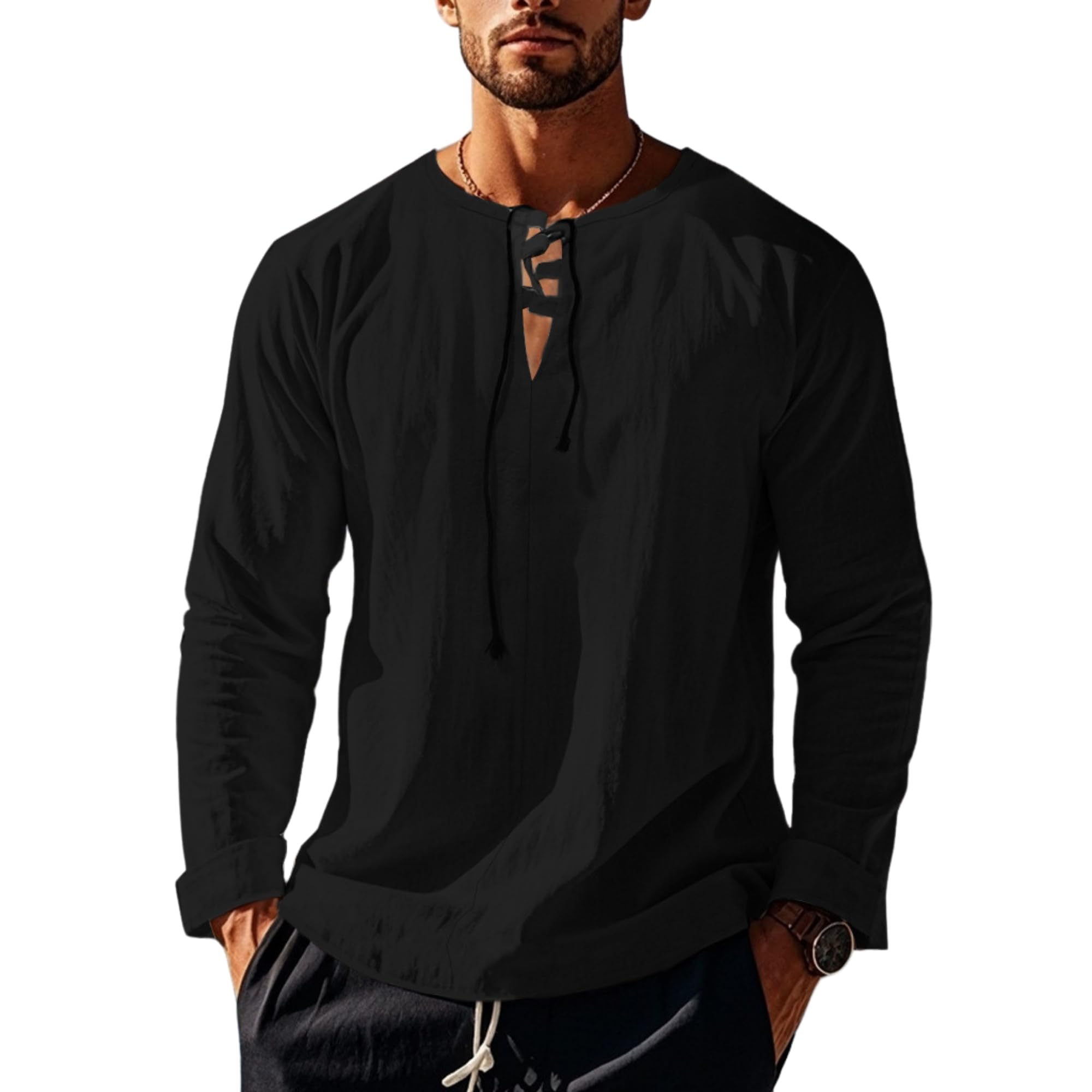 Men's Summer Cotton Linen Shirt V-Neck Drawstring Long Sleeve Beach Shirt Solid Color Casual Hollow-Out Blouses