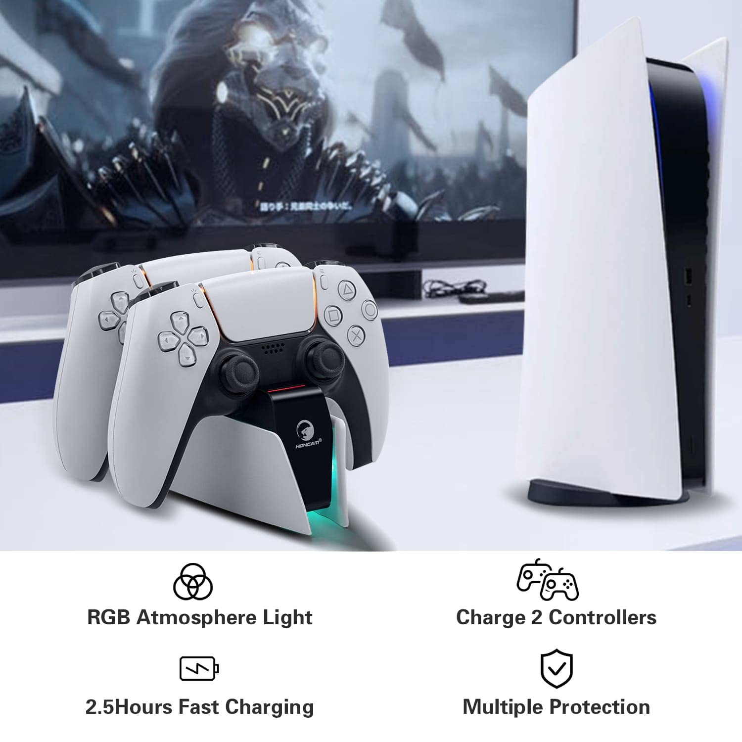 Mcbazel Dual USB Charger Staion per controller PS5 DualSense Controller Docking Station di ricarica con indicatori luminosi LED RGB/Ricarica rapida/Tri-protezione - Versione RGB