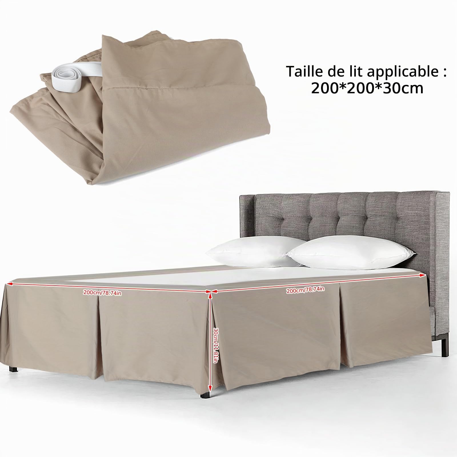 Jupe de Lit,Cache-Sommier Hauteur Volants de 30cm pour Lit Adulte avec Sommier,Protège Sommier pour Lit 200x200cm,Housse Sommier,Cache-sommier en Coton Bio