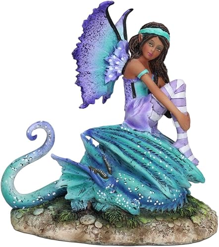 Ebros Gift Amy Brown Fantasía Magia Turquesa Ebony Fairy Queen Sentado En Agua Brillante Figura Dragón Calabozos y Dragones Reino de las hadas