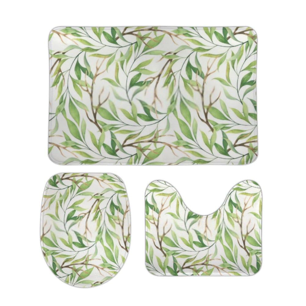QAZPL Nuansexi Bathroom Rug Sets Green Leaves Dry Branches Spring Bath Toilet Rugs Set 3 Piece Anti Slip U-Shape Contour Toilet Mat Coral Velvet Absorbent Machine Washable Bathroom Toilet Decor