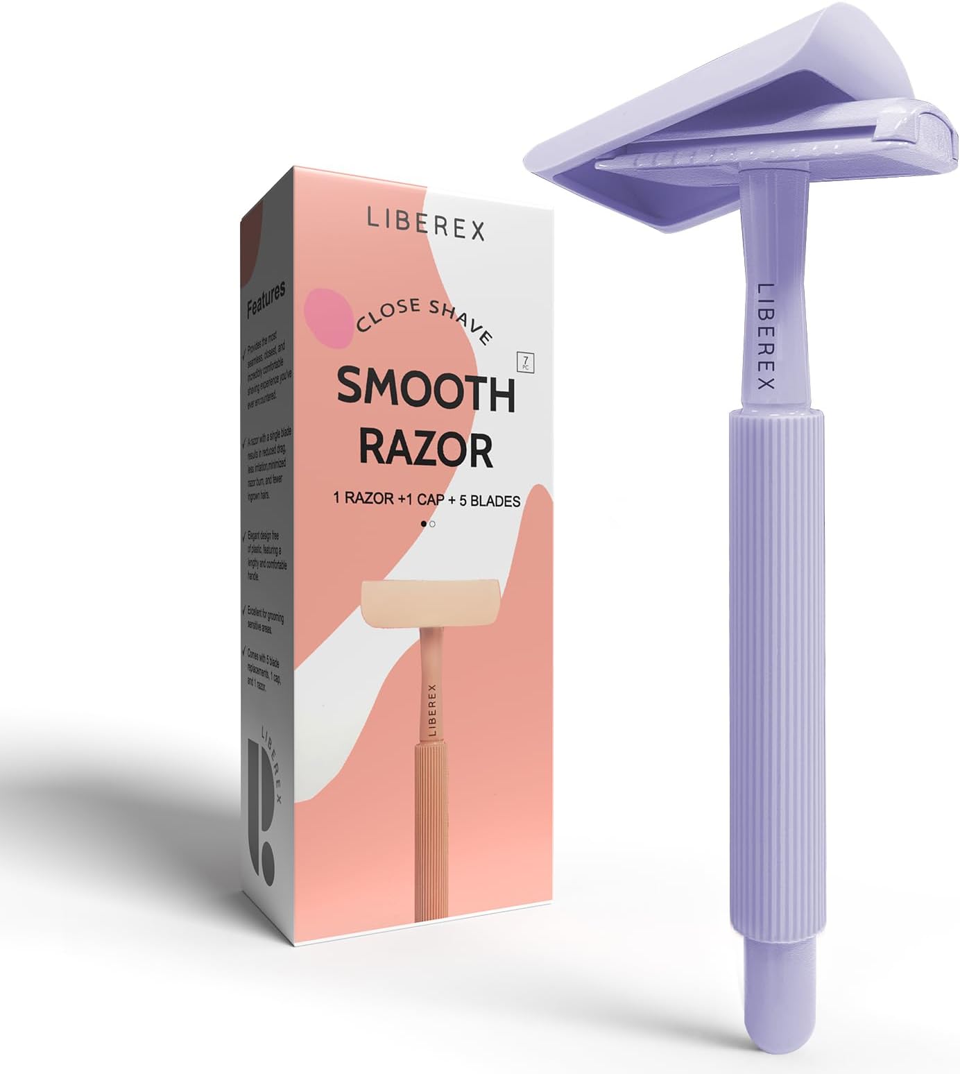 Liberex Cleansing Your Days Double Edge Safety Razor - Reusable Single Blade Razors for Women Men, 5 Refills, Metal Plastic Free (Purple)