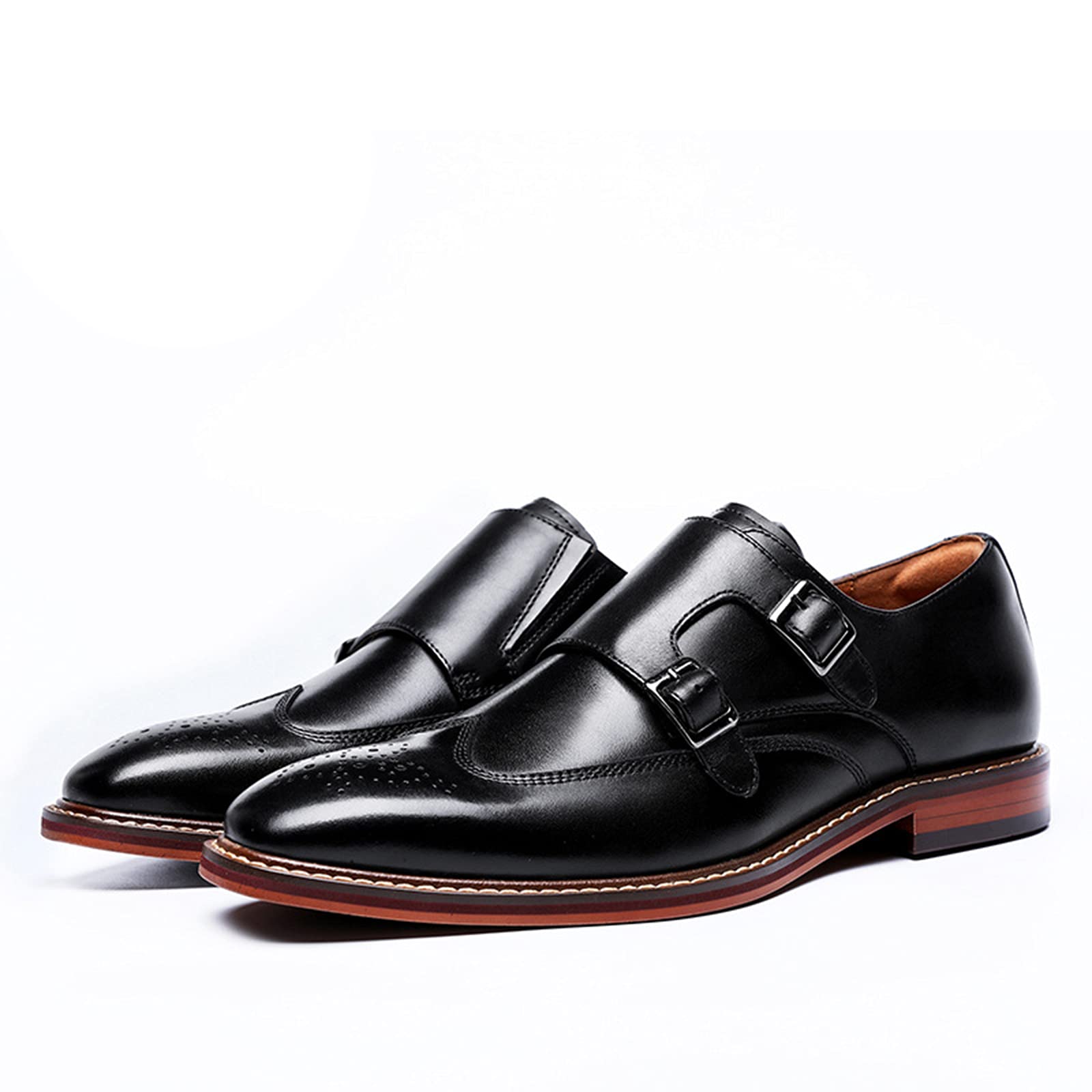 Zapatos Formales para Hombre, Zapatos Monje con Doble Hebilla, Cuero, Correa clásica, Deslizamiento en la Punta del ala, Brogue, Vestido Informal de Boda, Mocasines Black- US8.5-9/UK7.5-8/EU41