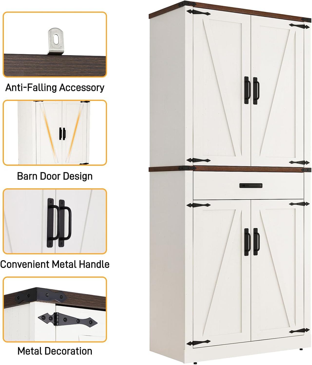 Detailed view of cabinet features including anti-falling accessory, barn door design, metal handle, and metal decoration