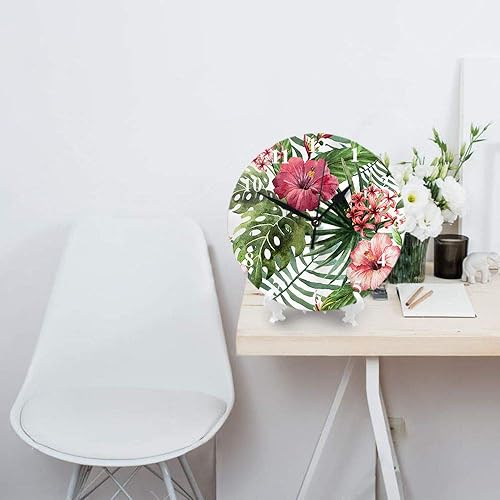 Miniatura 4 de HGOD DESIGNS Reloj de pared redondo de flores tropicales, acuarela de verano, hojas de palmera hawaiana y plantas tropicales, reloj de pared redondo
