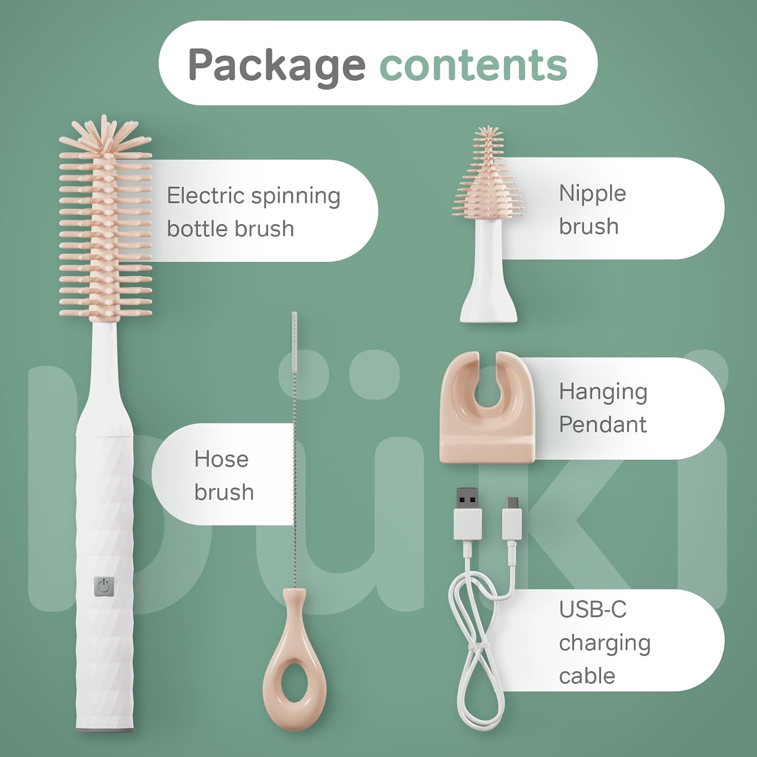 Büki Electric Baby Bottle Cleaning Brush Set - Rechargeable Electric Bottle Brush with Straw Cleaner - Water Bottle Cleaning Kit, Nipple Brush, 1200mAh Brush Cleaner (by Kindersense), Pink