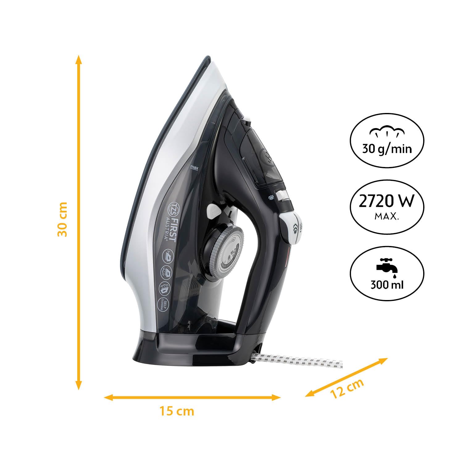 TZS First Austria - Plancha de Vapor 2720W - 300ml - 32 Salidas de Vapor - 30g/min Vapor & Golpe de Vapor 1g - Suela Cerámica - Antical, Vapor Vertical & Autolimpieza - Negro