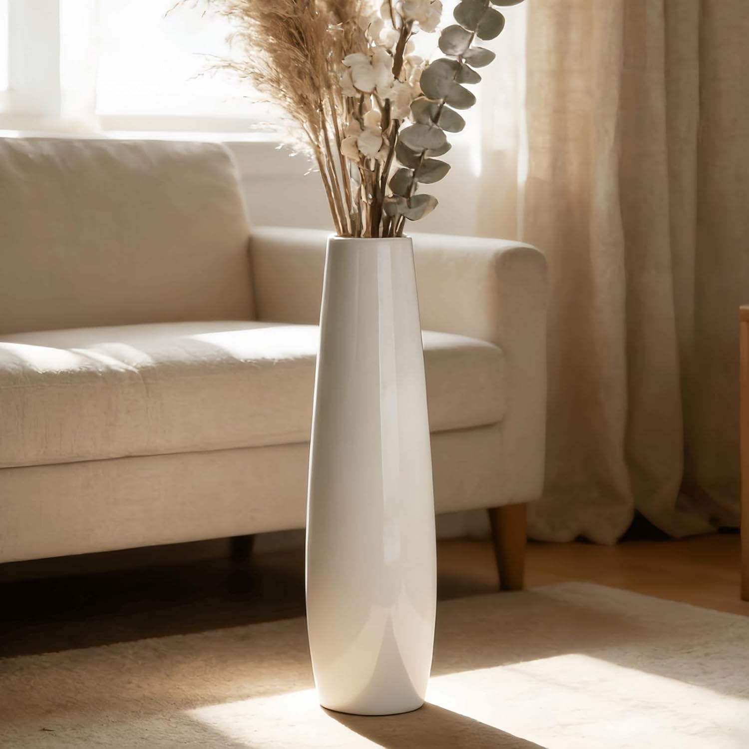 White Ceramic Floor Vase 17.7 Inches Tall Flower Holder Decorative Large Vases for Table Centerpieces Shelf Home Decor Living Room Branches Sky-Dried Flower Arrangement Simple Decorative