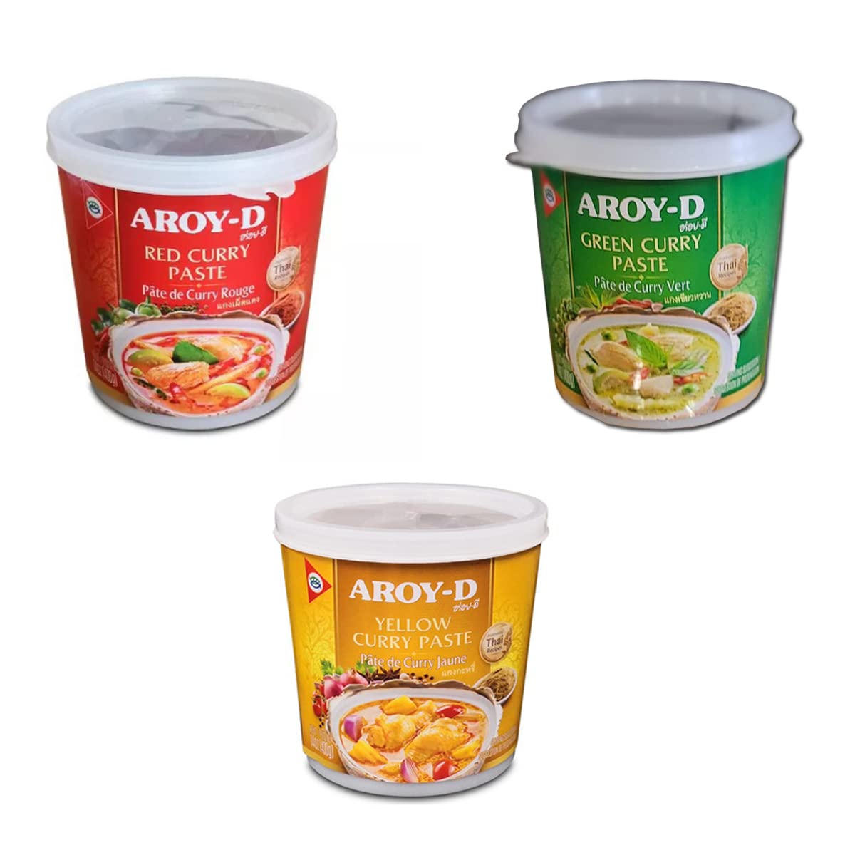 Set de Degustación de Pastas Thailandesas de Curry Rojo, Verde y Amarillo Aroy-D 400gr. C/u -Pastas de Curry - Sabor Thailandes