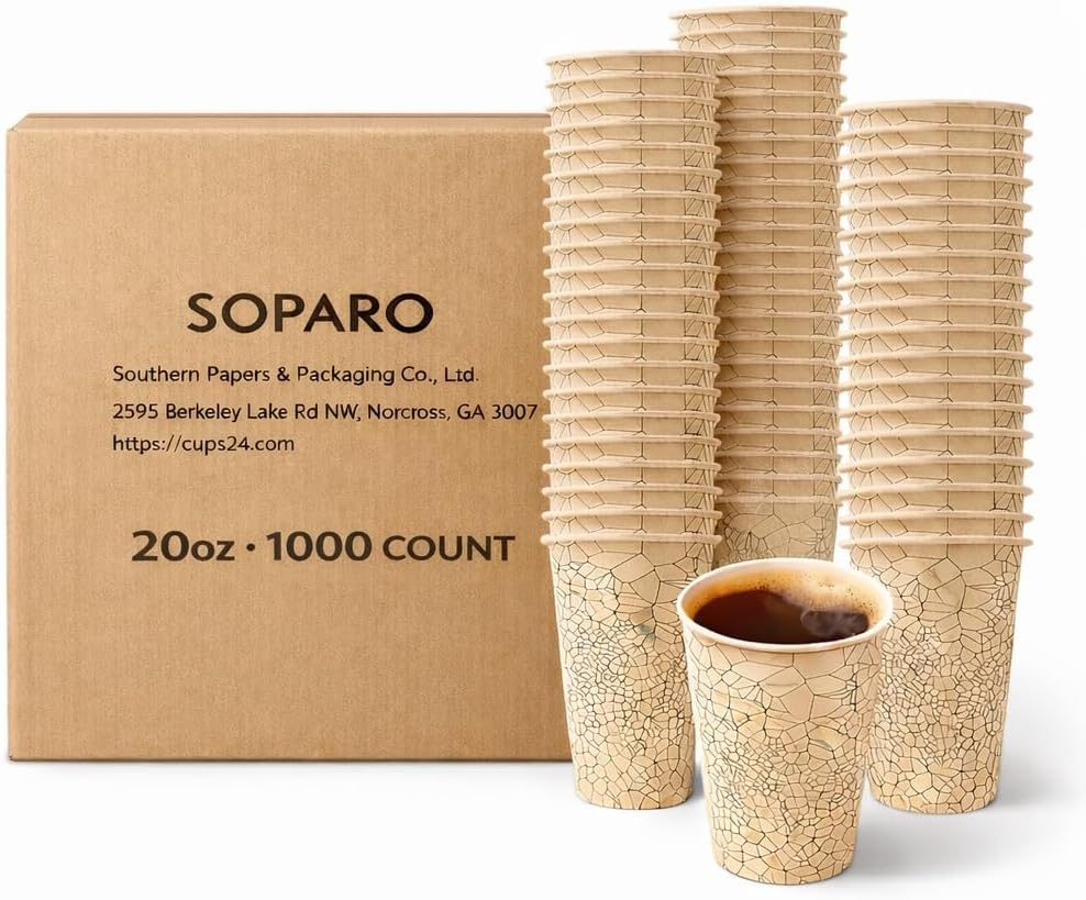 20oz Disposable Paper Coffee Cups Bulk, 1000 Count, Commercial Grade, Leak Resistant Hot Cups for Coffee Shops & Restaurants (1000, stock pattern, 20OZ)